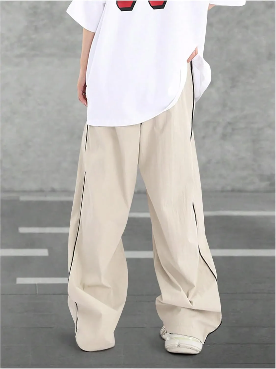 GORGLITTER Men's Baggy Track Pants Y2K Drawstring Elastic Waist Wide Leg Parachute Pants