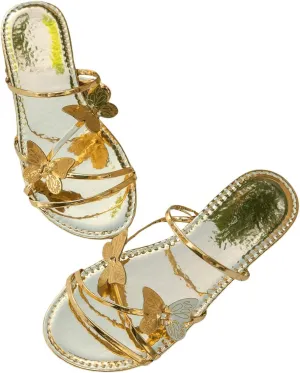 GORGLITTER Women's Beach Summer Gold Sandals Strappy Flat Cute Sandals Wedding Flats Sandals