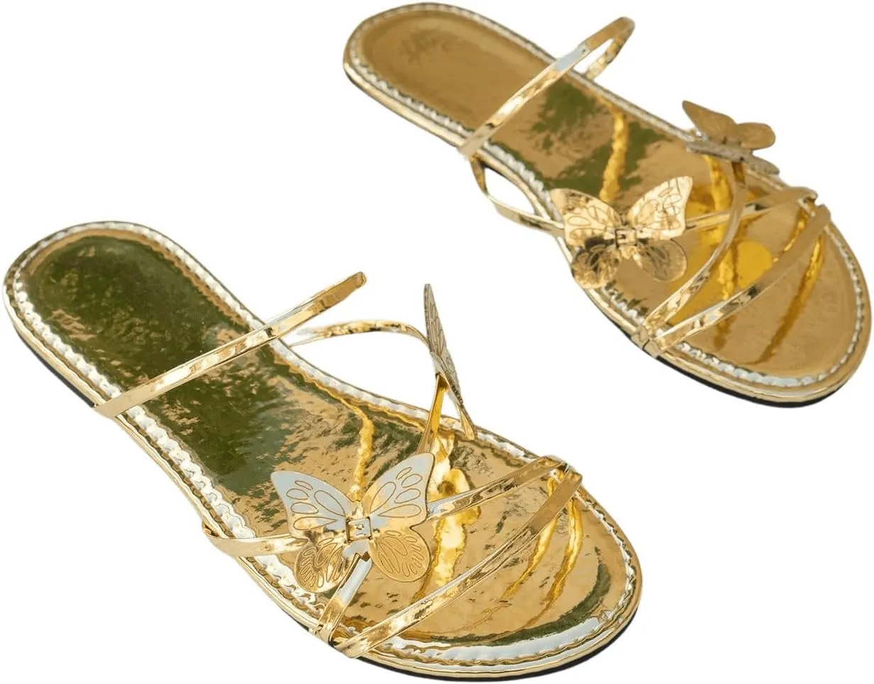 GORGLITTER Women's Beach Summer Gold Sandals Strappy Flat Cute Sandals Wedding Flats Sandals