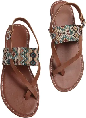 GORGLITTER Women's Boho Strappy Flat Sandals Criss Cross Leather Thong Gladiator Sandals