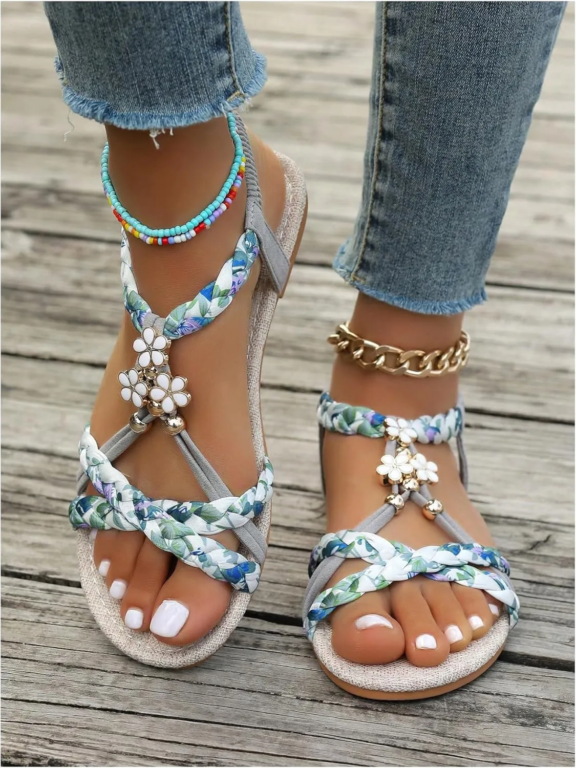 GORGLITTER Women's Boho Strappy Open Toe Flat Sandals Vacation Summer Slide Sandals