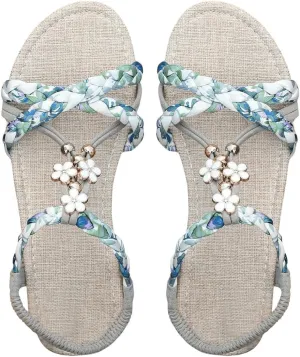 GORGLITTER Women's Boho Strappy Open Toe Flat Sandals Vacation Summer Slide Sandals