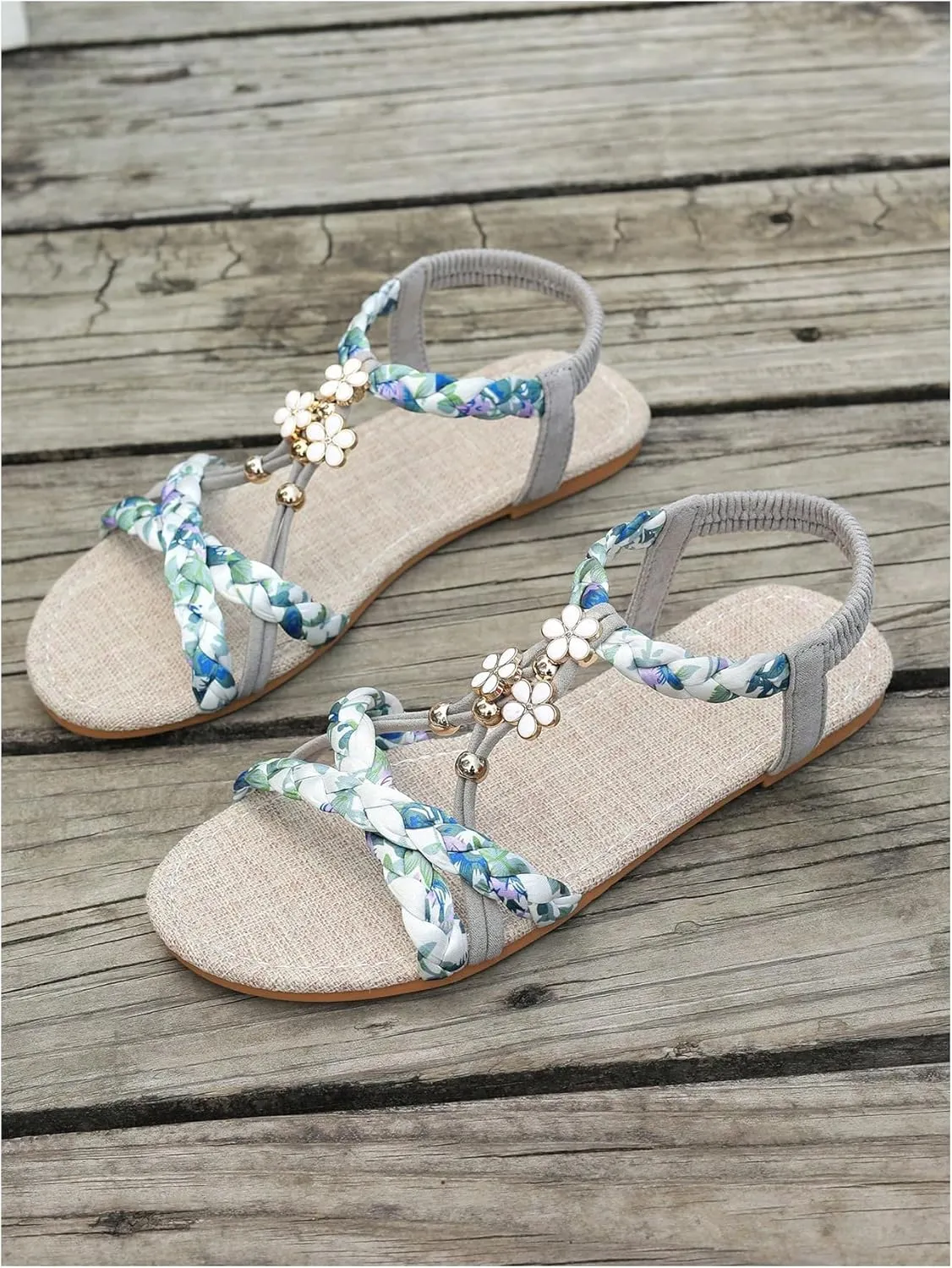GORGLITTER Women's Boho Strappy Open Toe Flat Sandals Vacation Summer Slide Sandals