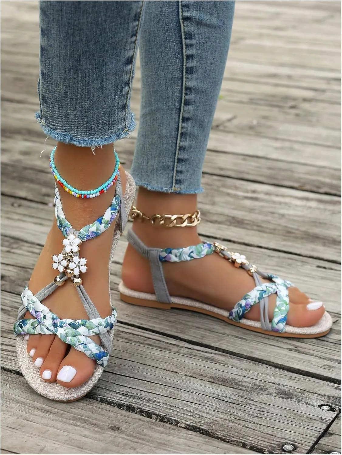 GORGLITTER Women's Boho Strappy Open Toe Flat Sandals Vacation Summer Slide Sandals