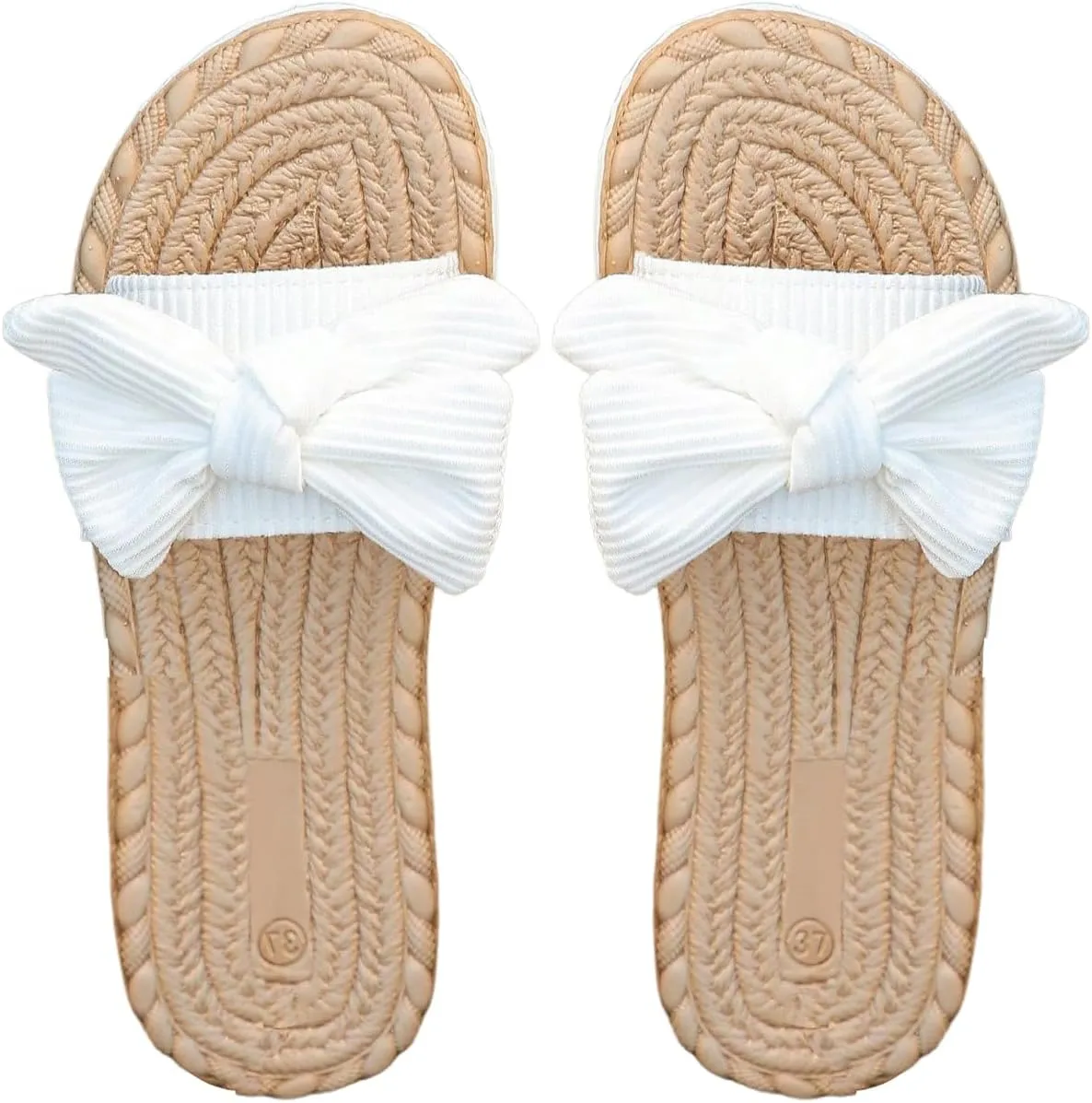 GORGLITTER Women's Bow Flat Sandals Straw Open Toe Dressy Boho Summer Beach Sandals