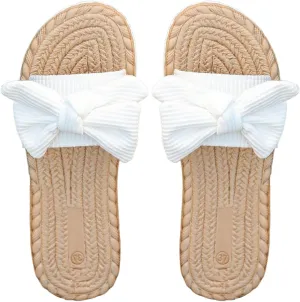 GORGLITTER Women's Bow Flat Sandals Straw Open Toe Dressy Boho Summer Beach Sandals