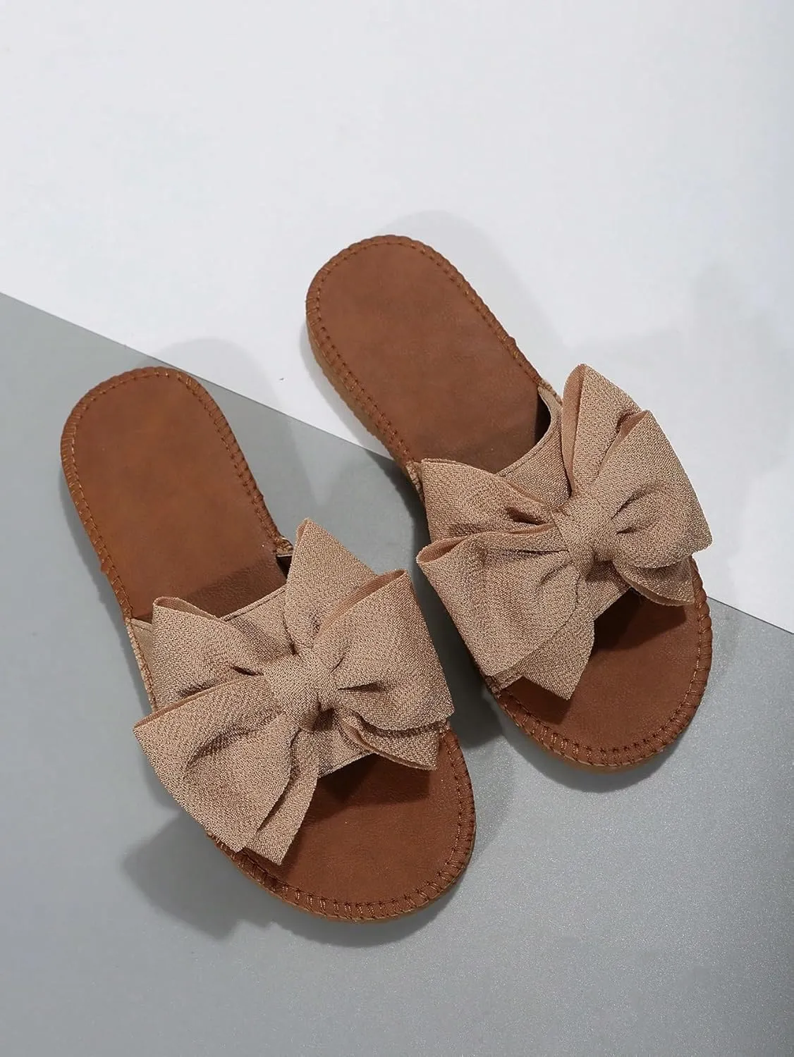 GORGLITTER Women's Bow Knot Flat Sandals Open Toe Slip On Slide Slipper Single Band Flats