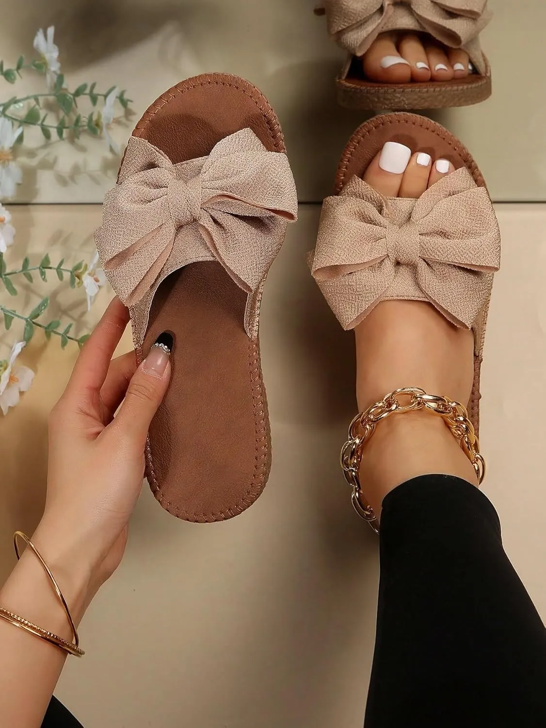 GORGLITTER Women's Bow Knot Flat Sandals Open Toe Slip On Slide Slipper Single Band Flats
