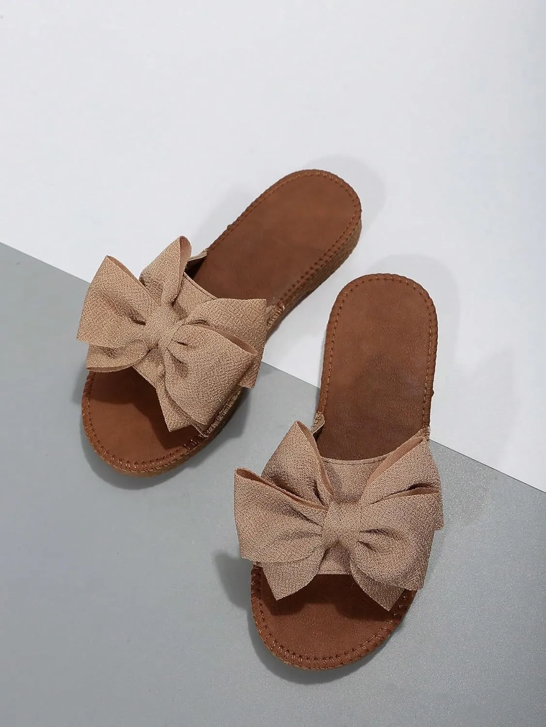 GORGLITTER Women's Bow Knot Flat Sandals Open Toe Slip On Slide Slipper Single Band Flats