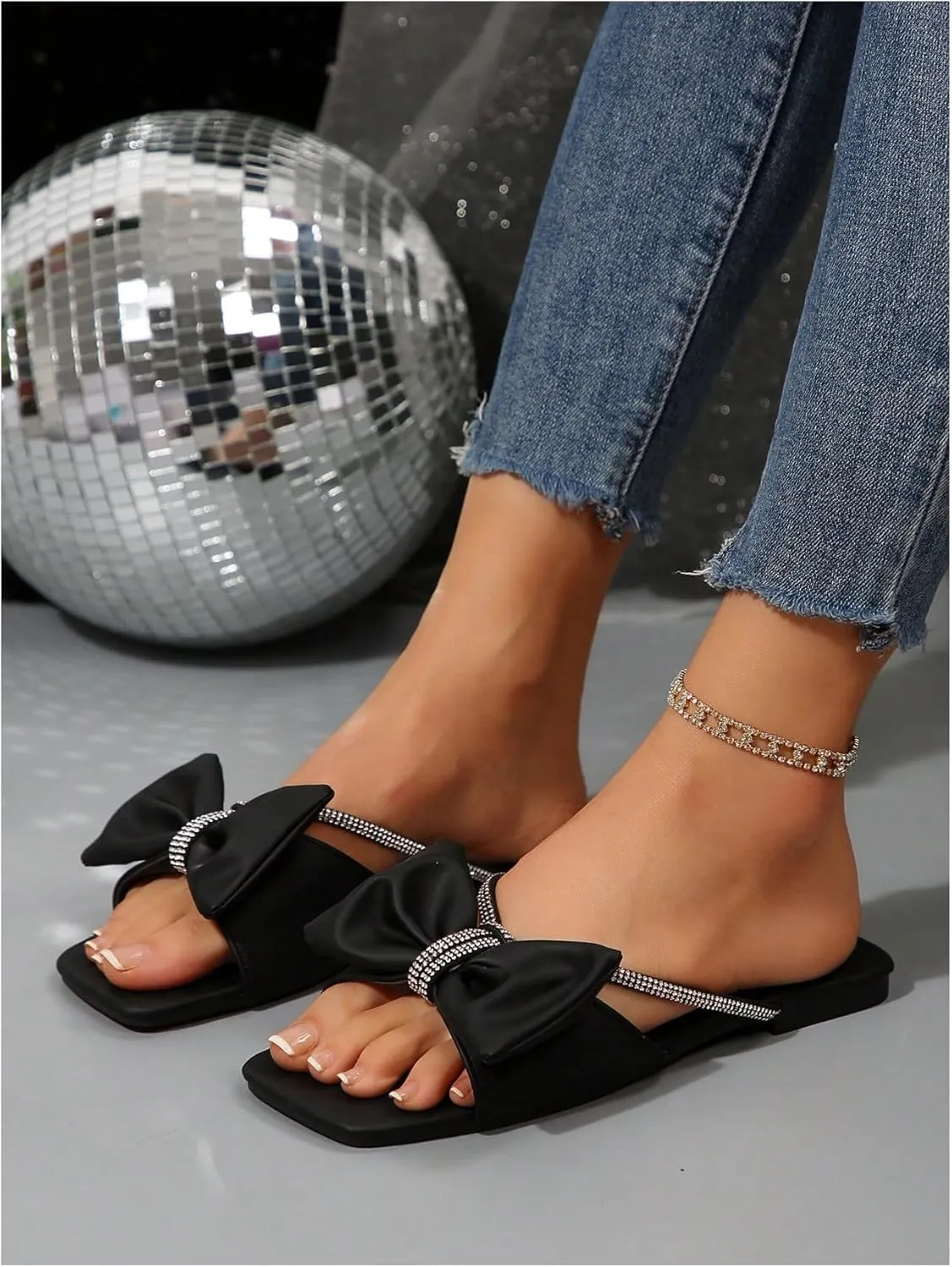 GORGLITTER Women's Bow Sandals Sparkly Rhinestone Flat Sandals Dressy Sandals Square Open Toe Slide Sandals