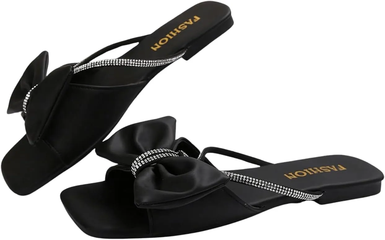 GORGLITTER Women's Bow Sandals Sparkly Rhinestone Flat Sandals Dressy Sandals Square Open Toe Slide Sandals