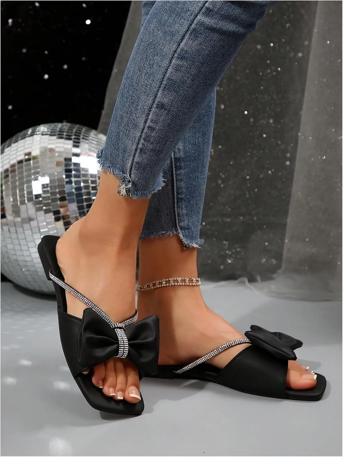 GORGLITTER Women's Bow Sandals Sparkly Rhinestone Flat Sandals Dressy Sandals Square Open Toe Slide Sandals