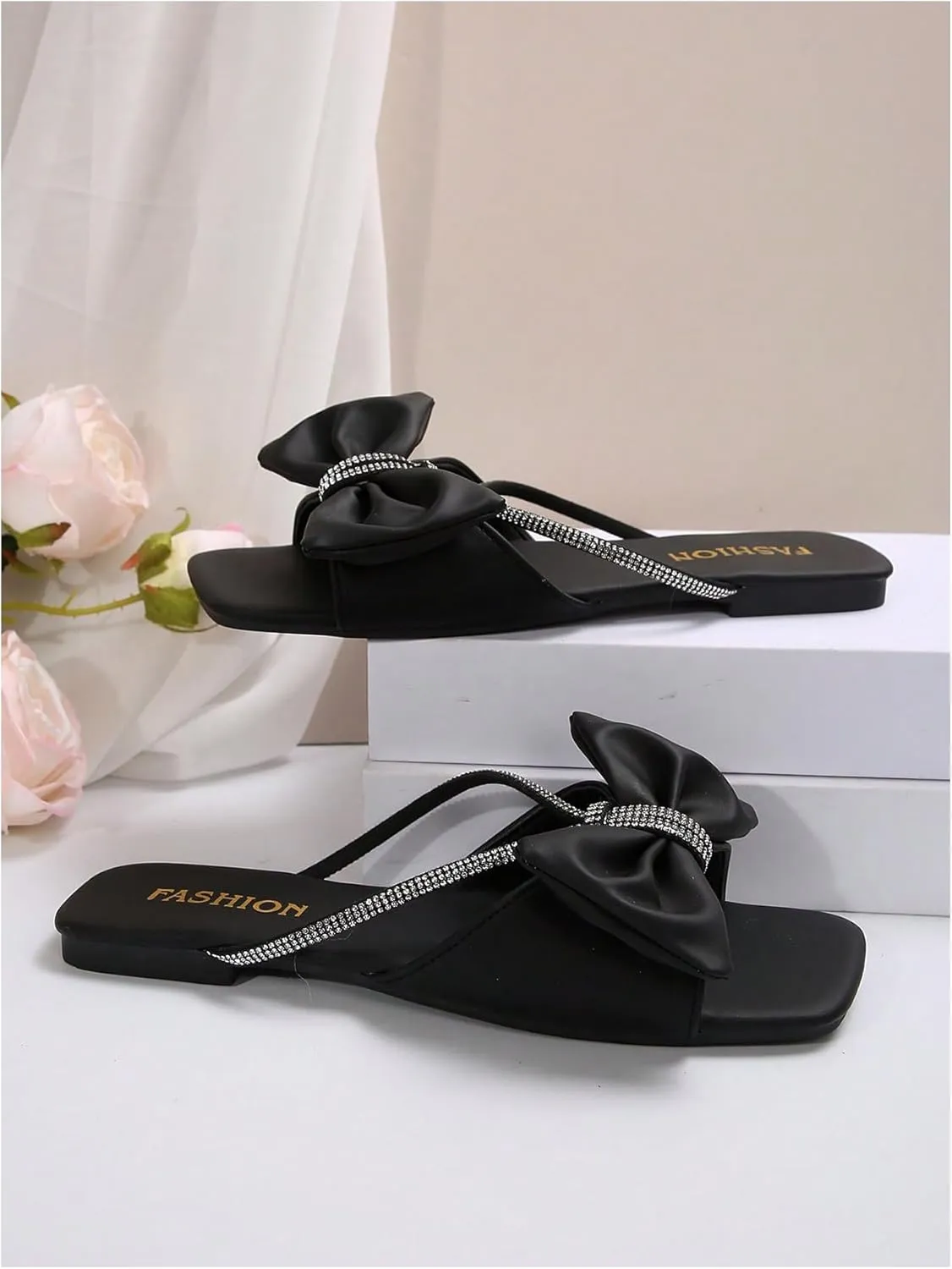 GORGLITTER Women's Bow Sandals Sparkly Rhinestone Flat Sandals Dressy Sandals Square Open Toe Slide Sandals