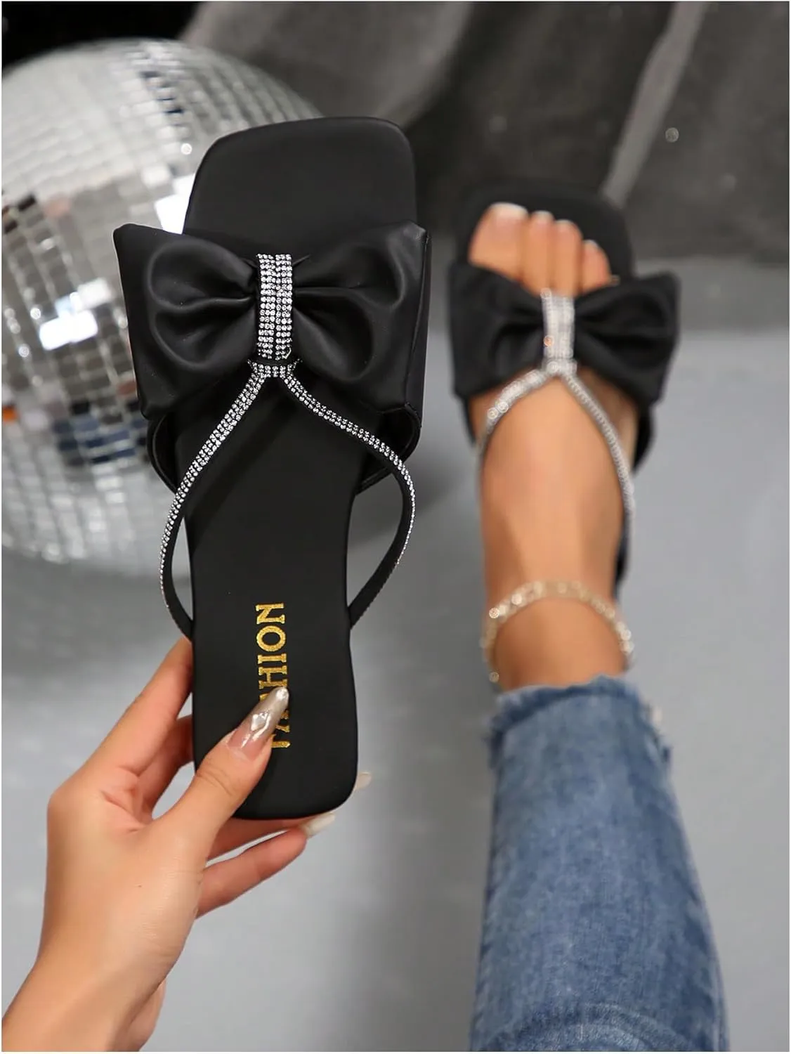 GORGLITTER Women's Bow Sandals Sparkly Rhinestone Flat Sandals Dressy Sandals Square Open Toe Slide Sandals