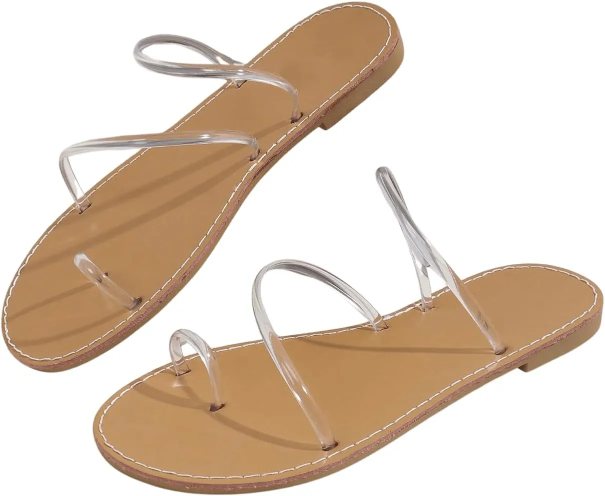 GORGLITTER Women's Clear Strappy Thong Flat Sandals Open Toe Slip On Slide Sandals
