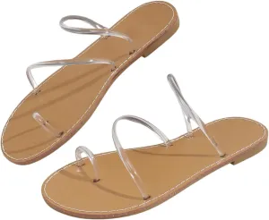 GORGLITTER Women's Clear Strappy Thong Flat Sandals Open Toe Slip On Slide Sandals