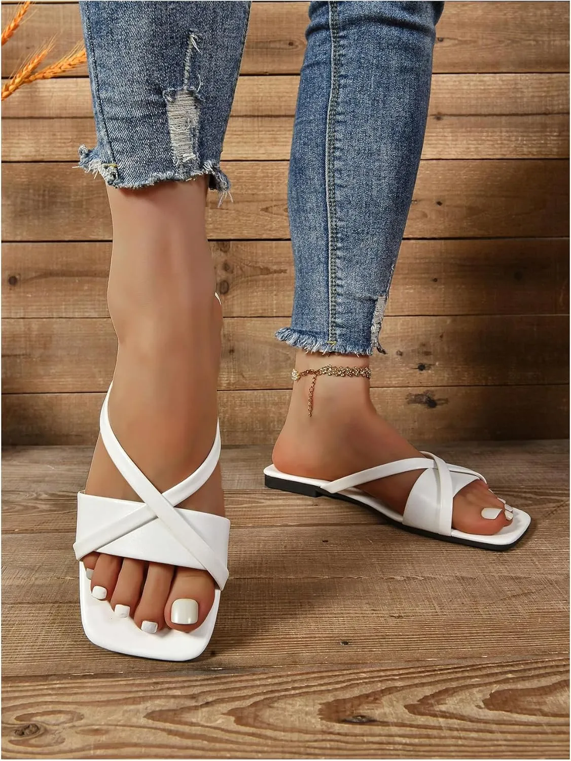 GORGLITTER Women's Criss Cross Strappy Sandals Dress Slip On Flip Flops Flats Summer Slide Shoes