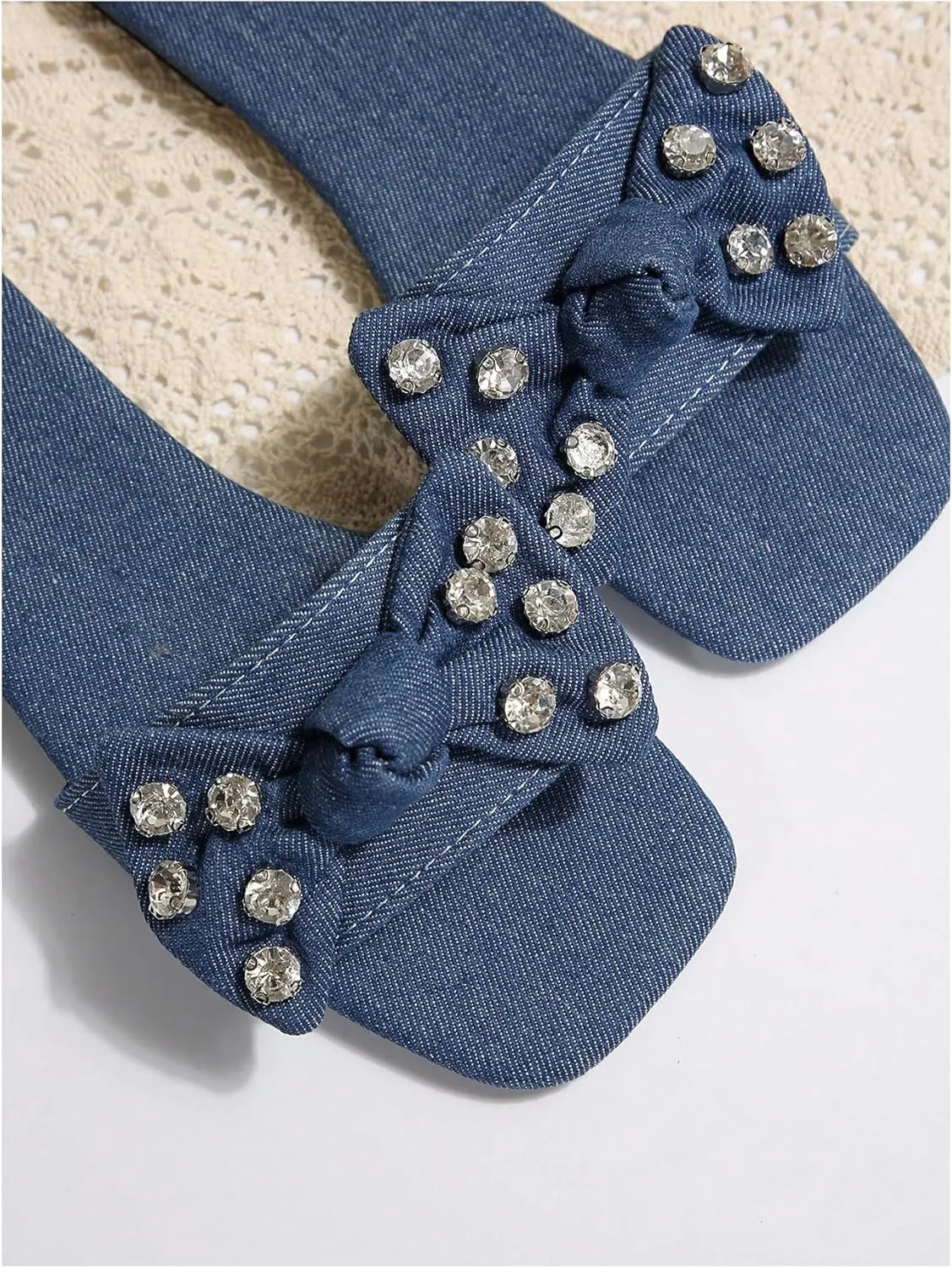 GORGLITTER Women's Denim Sandals Bow Flat Sandals Rhinestone Open Toe Slide Shoes