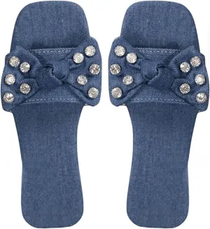 GORGLITTER Women's Denim Sandals Bow Flat Sandals Rhinestone Open Toe Slide Shoes