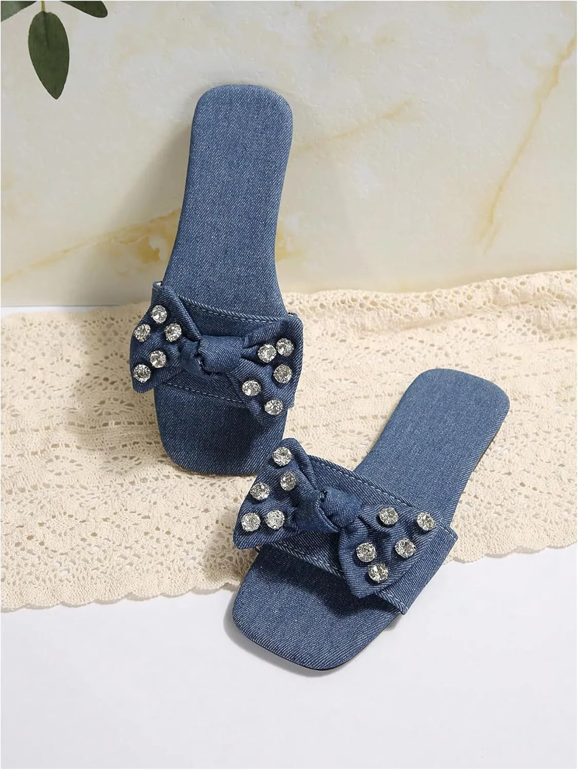 GORGLITTER Women's Denim Sandals Bow Flat Sandals Rhinestone Open Toe Slide Shoes