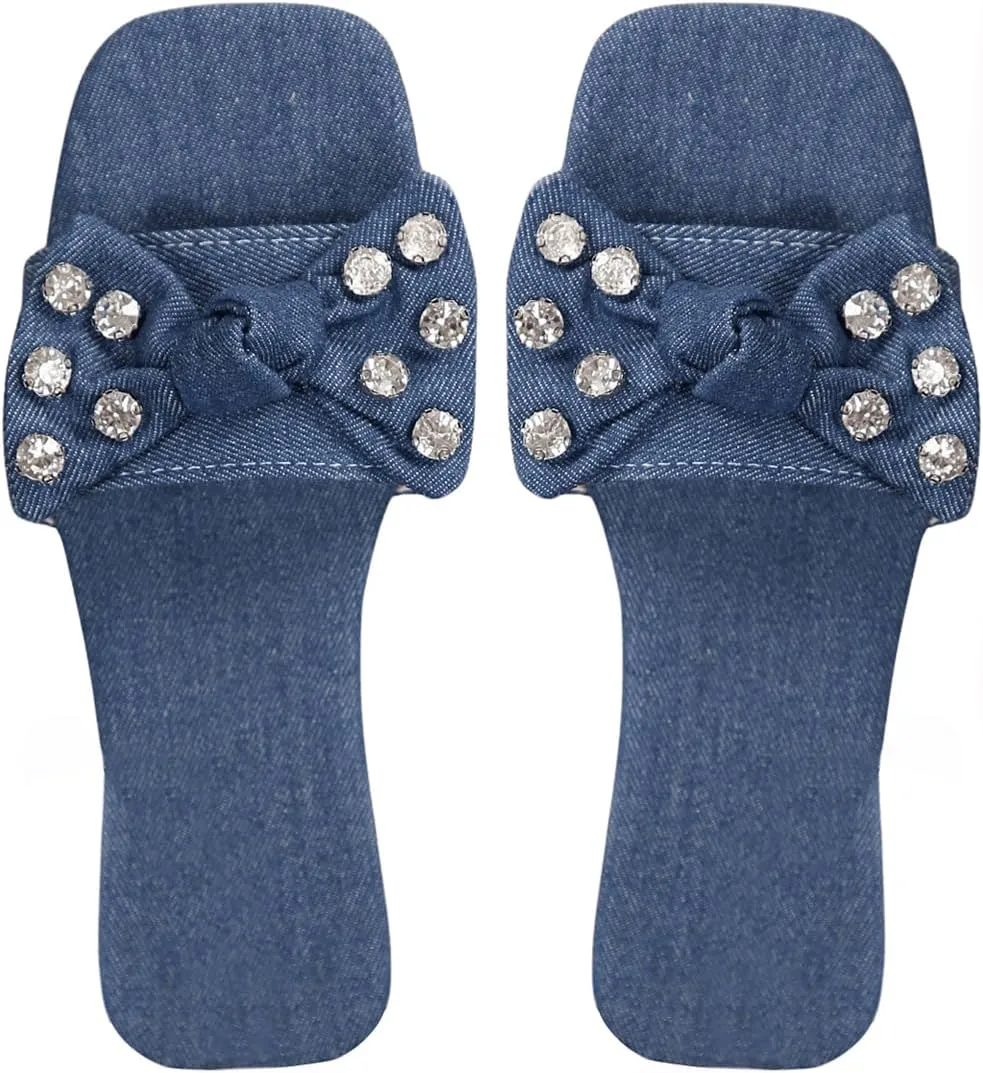 GORGLITTER Women's Denim Sandals Bow Flat Sandals Rhinestone Open Toe Slide Shoes