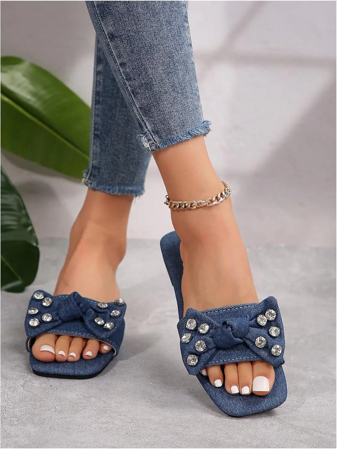 GORGLITTER Women's Denim Sandals Bow Flat Sandals Rhinestone Open Toe Slide Shoes
