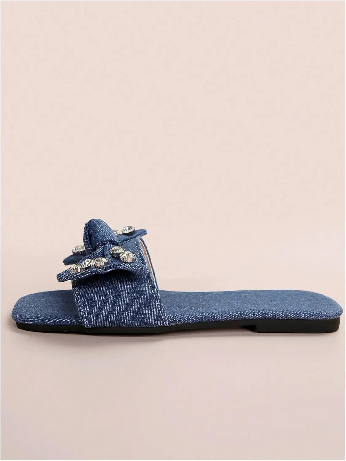 GORGLITTER Women's Denim Sandals Bow Flat Sandals Rhinestone Open Toe Slide Shoes