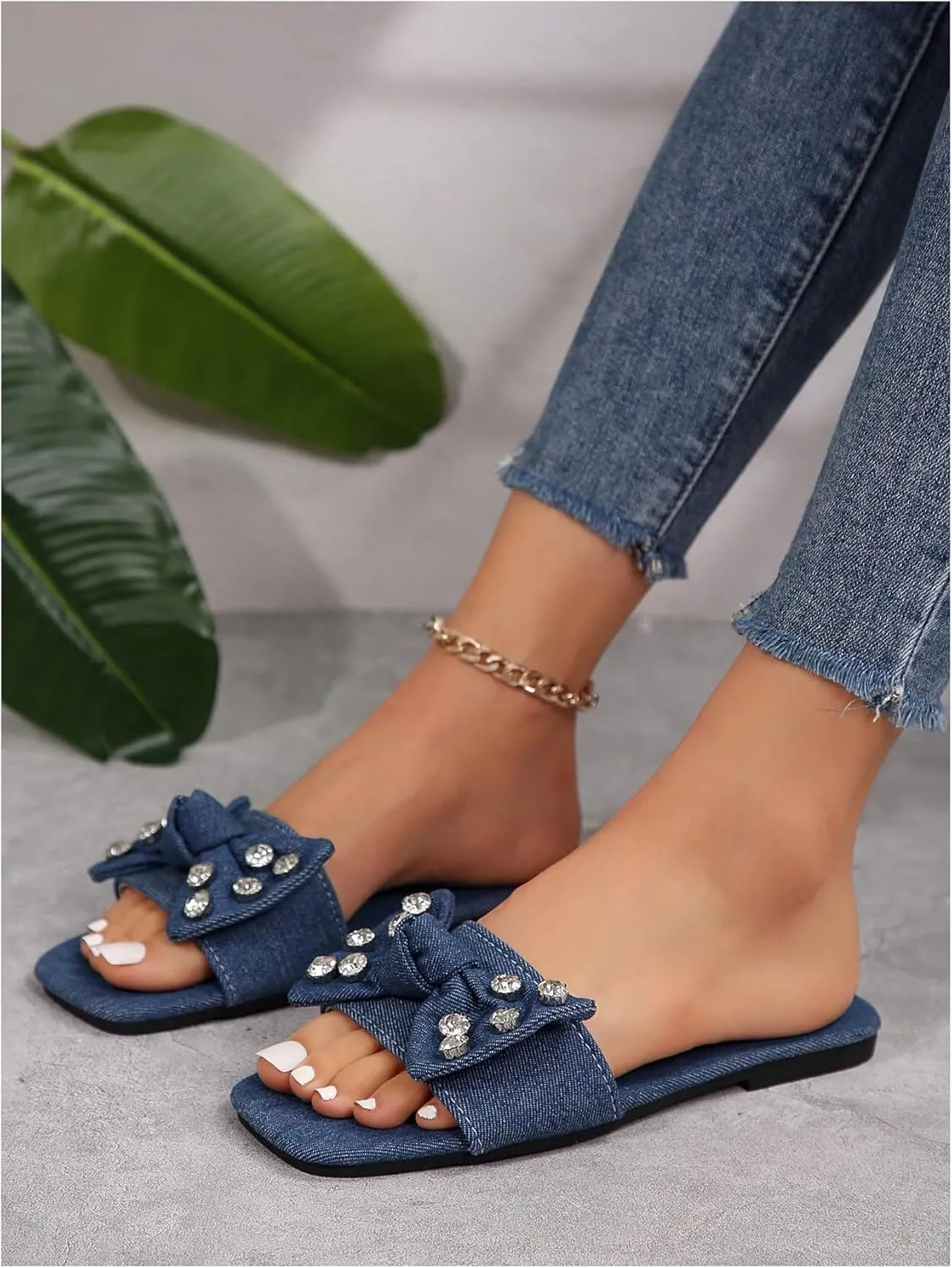 GORGLITTER Women's Denim Sandals Bow Flat Sandals Rhinestone Open Toe Slide Shoes