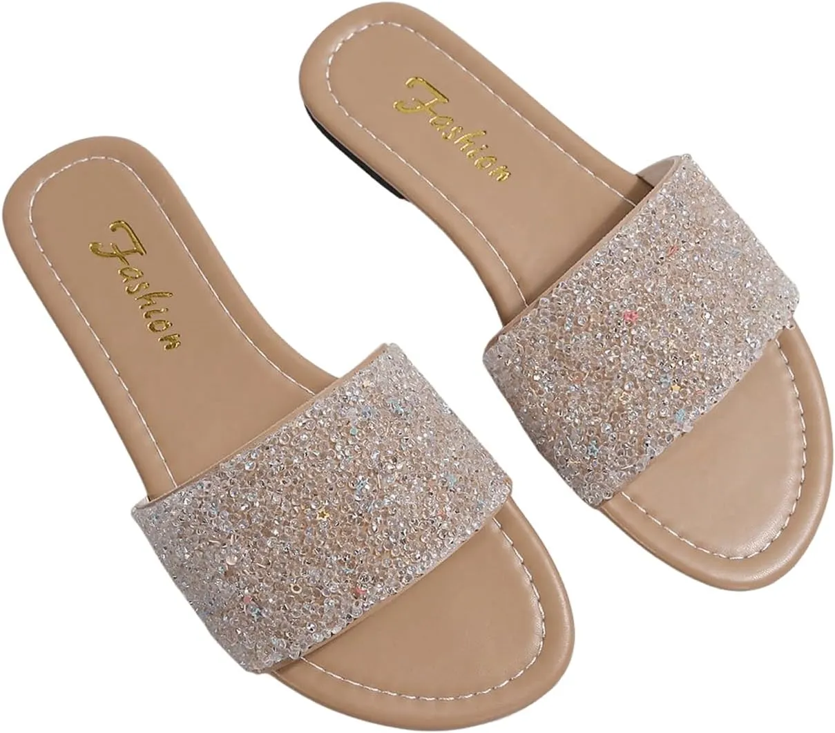 GORGLITTER Women's Glitter Rhinestone Sandals Sparkly Sandals Bling Open Toe Flat Sandals Glamorous Slides