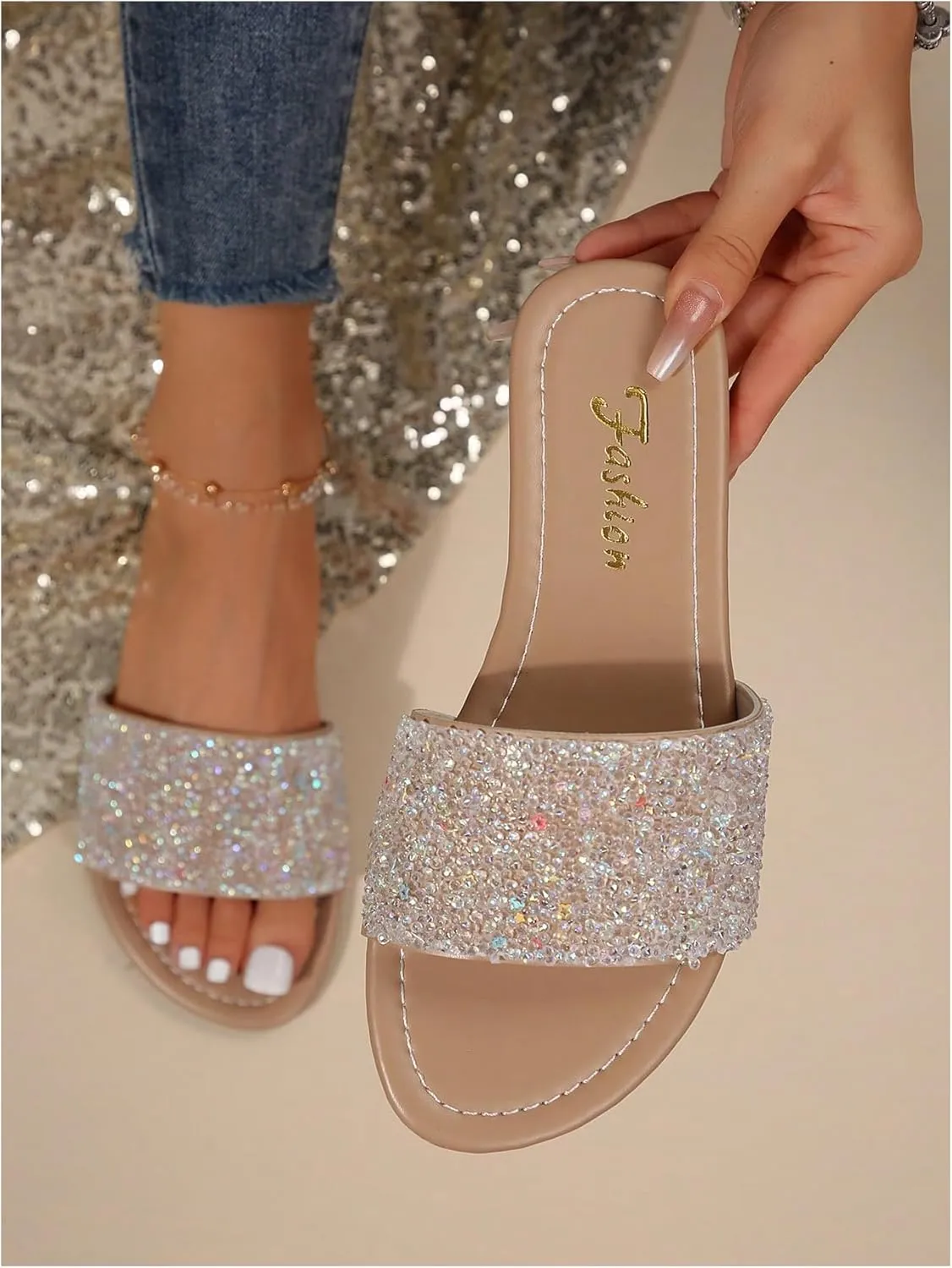 GORGLITTER Women's Glitter Rhinestone Sandals Sparkly Sandals Bling Open Toe Flat Sandals Glamorous Slides