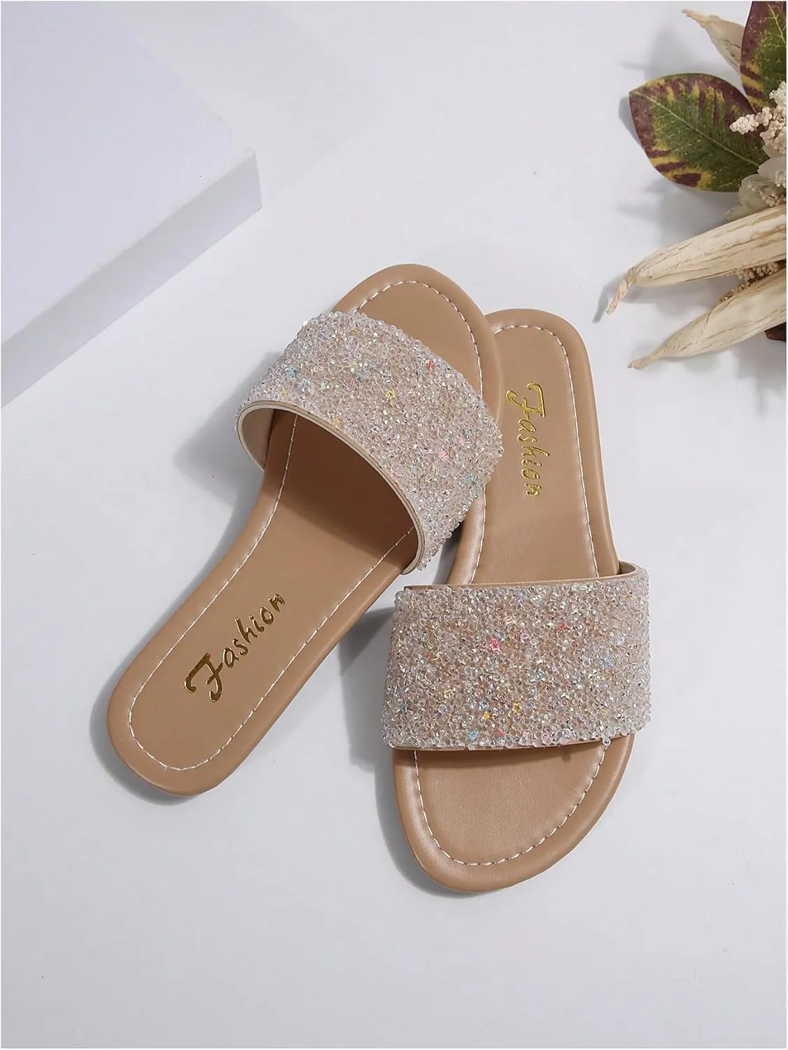 GORGLITTER Women's Glitter Rhinestone Sandals Sparkly Sandals Bling Open Toe Flat Sandals Glamorous Slides