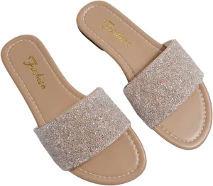 GORGLITTER Women's Glitter Rhinestone Sandals Sparkly Sandals Bling Open Toe Flat Sandals Glamorous Slides