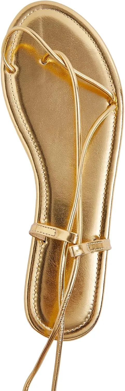 GORGLITTER Women's Gold Lace Up Sandals Strappy Open Toe Tie Up Summer Dressy Gladiator Sandals