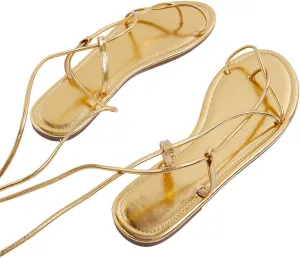 GORGLITTER Women's Gold Lace Up Sandals Strappy Open Toe Tie Up Summer Dressy Gladiator Sandals
