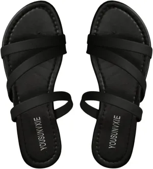 GORGLITTER Women's Leather Strappy Sandals Slippers Dressy Open Toe Slip on Vacation Summer Beach Flat Sandals