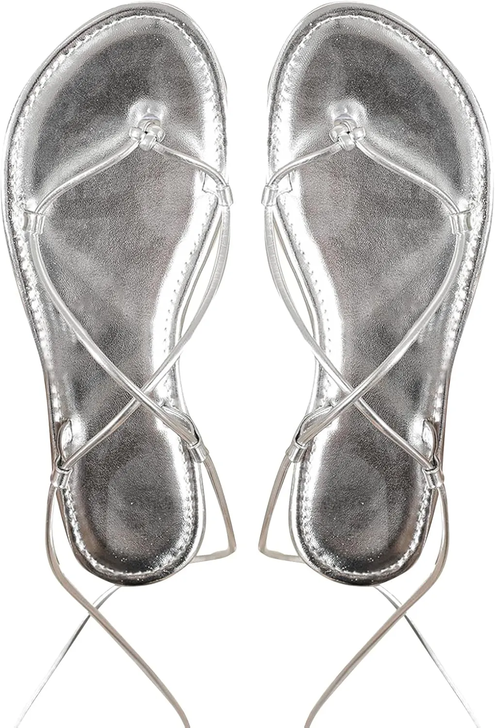 GORGLITTER Women's Metallic Lace Up Flat Sandals Strappy Open Toe Thong Sandals Tie Up Slides