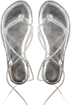 GORGLITTER Women's Metallic Lace Up Flat Sandals Strappy Open Toe Thong Sandals Tie Up Slides