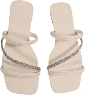 GORGLITTER Women's Rhinestone Sandals Criss Cross Strappy Flat Sandals Summer Slip on Slide Shoes