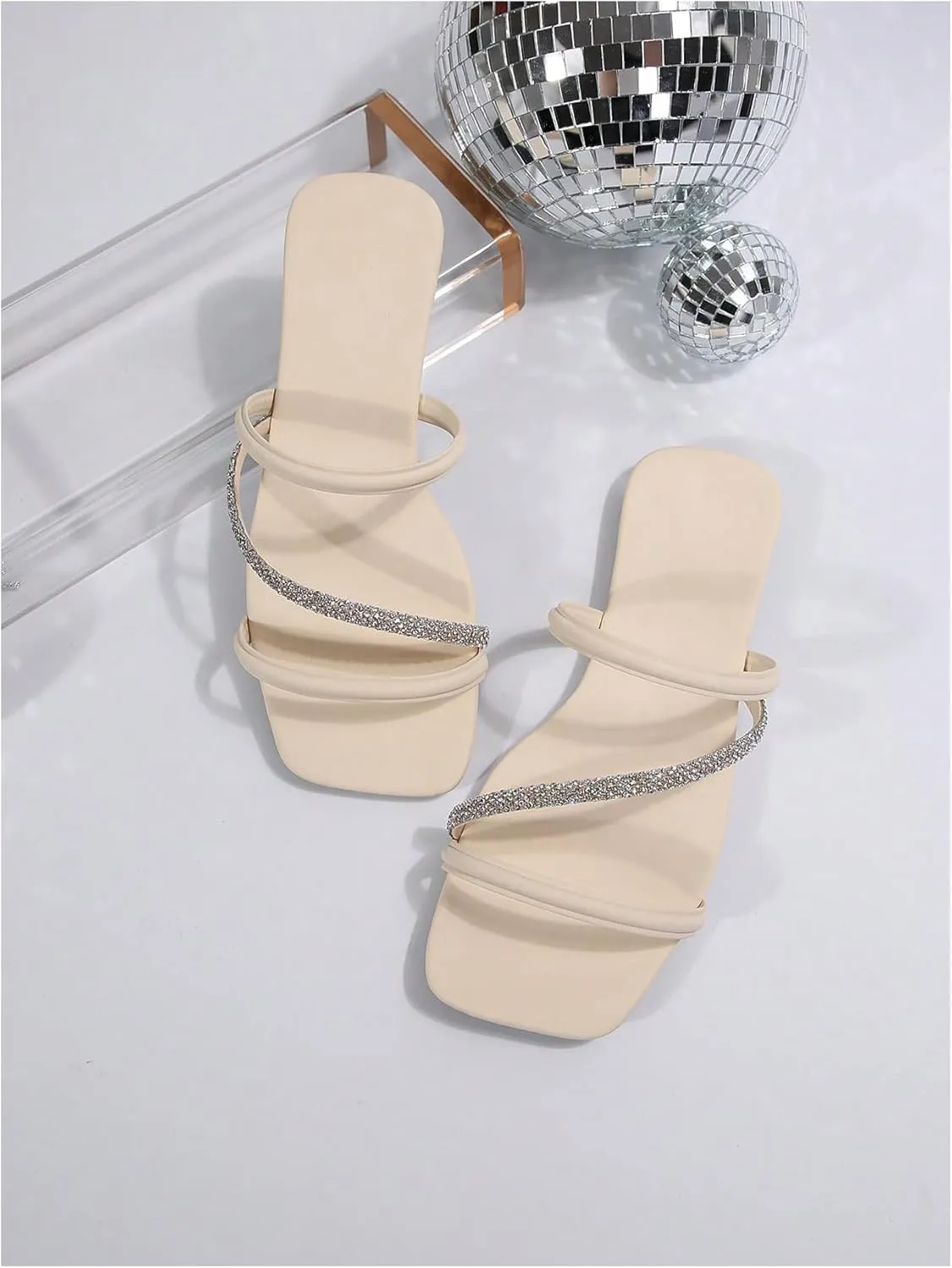 GORGLITTER Women's Rhinestone Sandals Criss Cross Strappy Flat Sandals Summer Slip on Slide Shoes