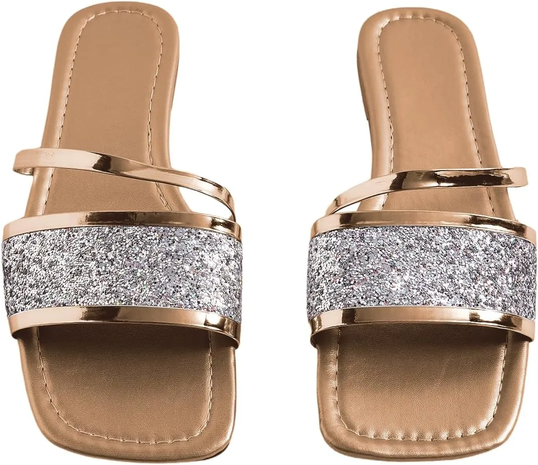GORGLITTER Women's Sequin Flat Sandals Metallic Fashion Dressy Sandals