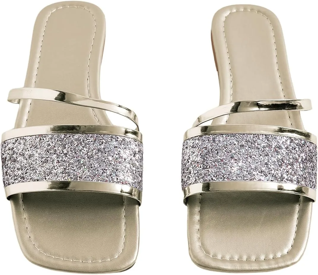 GORGLITTER Women's Sequin Flat Sandals Metallic Fashion Dressy Sandals