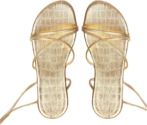 GORGLITTER Women's Strappy Lace Up Gladiator Flat Sandals Cross Strap Open Toe Summer Slide Shoes