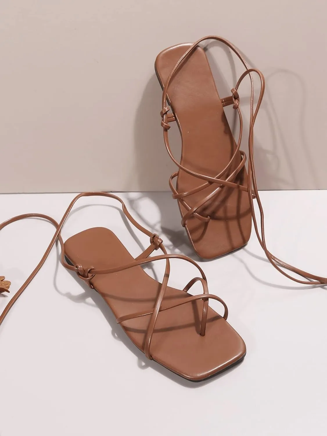 GORGLITTER Women's Summer Strappy Beach Sandals For Women 2025 Leather Lace Up Shoes
