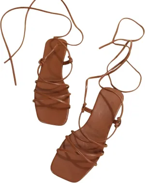 GORGLITTER Women's Summer Strappy Beach Sandals For Women 2025 Leather Lace Up Shoes