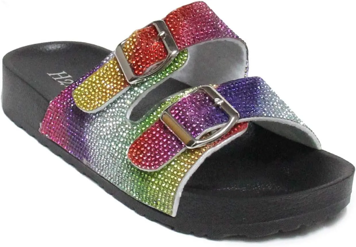 H2K Womens Glitter Double Buckle Adjustable Comfort Slip On Slides Sandals Espen