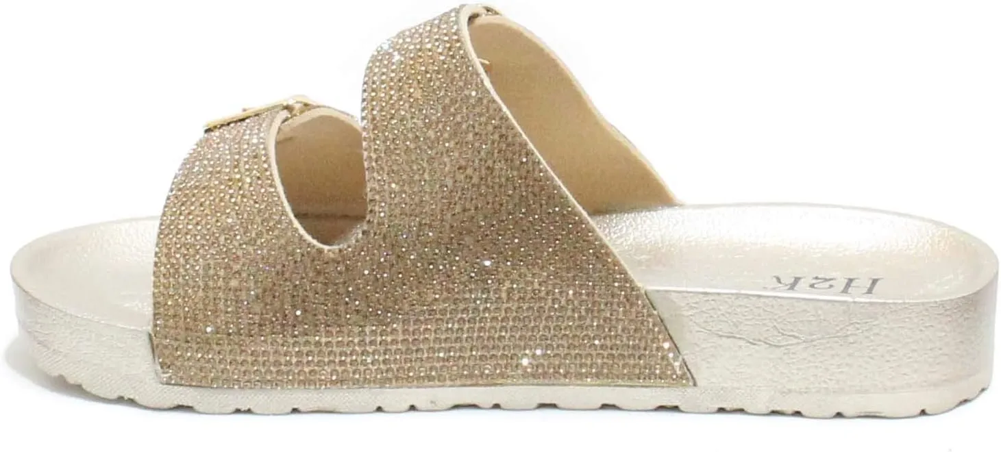 H2K Womens Glitter Double Buckle Adjustable Comfort Slip On Slides Sandals Espen