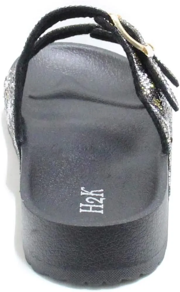H2K Womens Glitter Double Buckle Adjustable Comfort Slip On Slides Sandals Espen