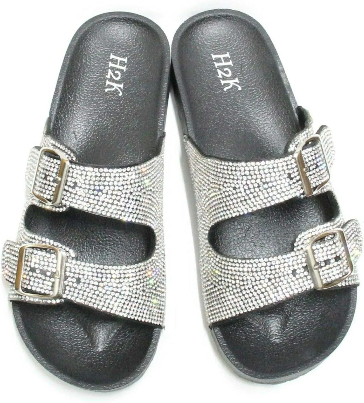 H2K Womens Glitter Double Buckle Adjustable Comfort Slip On Slides Sandals Espen