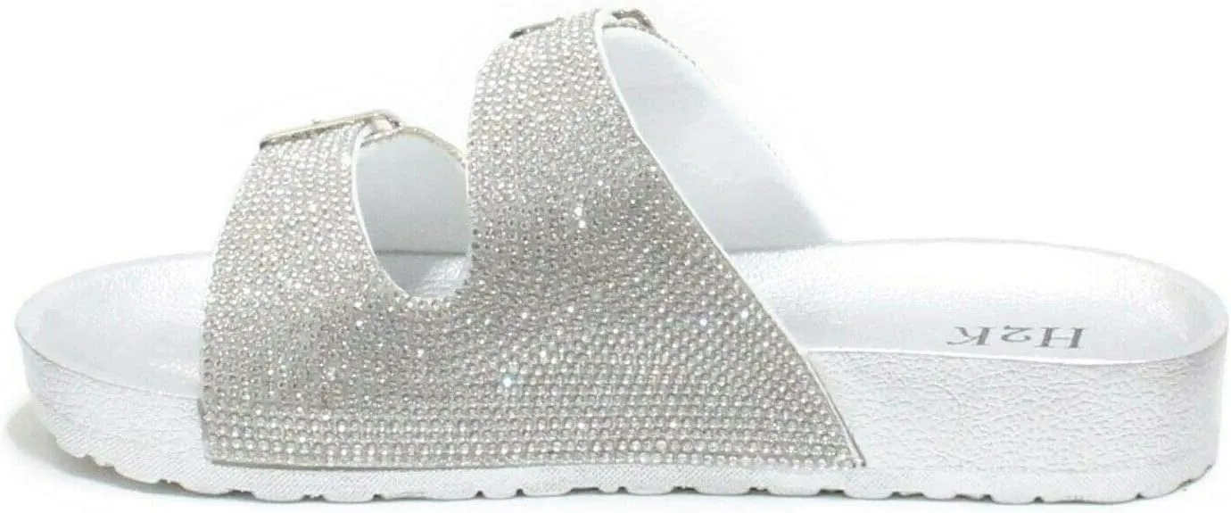 H2K Womens Glitter Double Buckle Adjustable Comfort Slip On Slides Sandals Espen