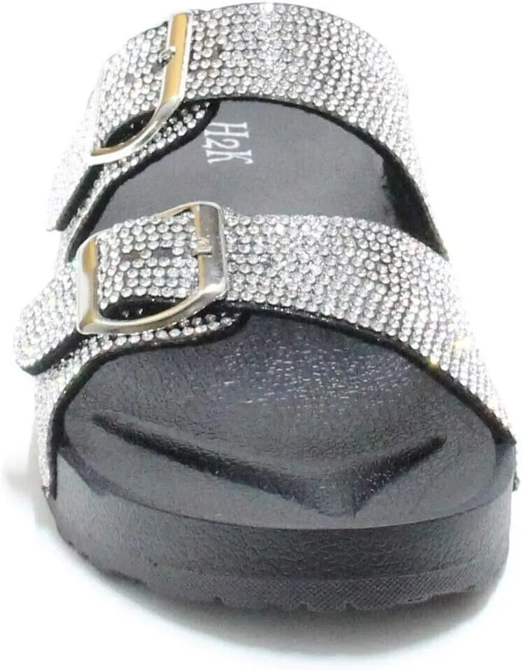 H2K Womens Glitter Double Buckle Adjustable Comfort Slip On Slides Sandals Espen